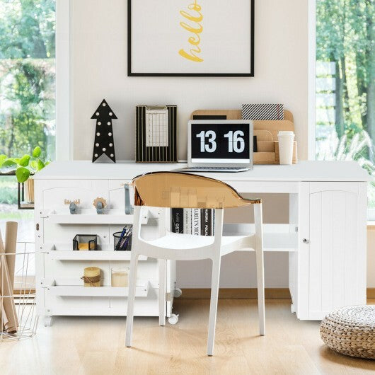 Folding Sewing Table Shelves Storage Cabinet Craft Cart with Wheels-White