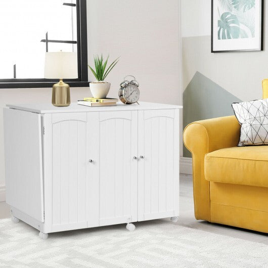 Folding Sewing Table Shelves Storage Cabinet Craft Cart with Wheels-White
