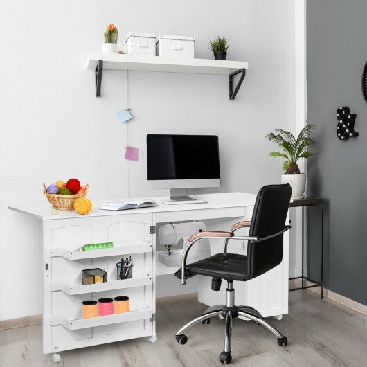 Folding Sewing Table Shelves Storage Cabinet Craft Cart with Wheels-White