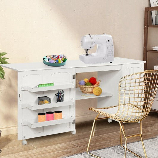 Folding Sewing Table Shelves Storage Cabinet Craft Cart with Wheels-White