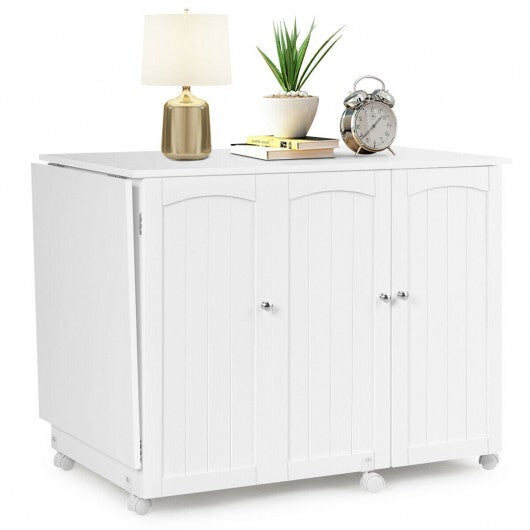 Folding Sewing Table Shelves Storage Cabinet Craft Cart with Wheels-White
