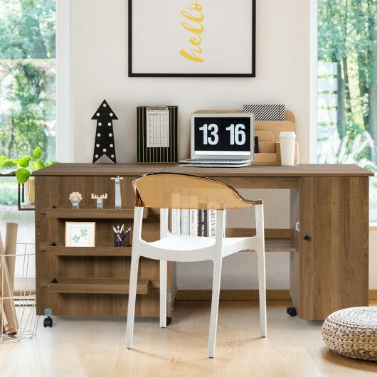 Folding Sewing Table Shelves Storage Cabinet Craft Cart with Wheels-White