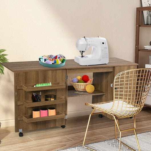 Folding Sewing Table Shelves Storage Cabinet Craft Cart with Wheels-White