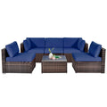 6 Pieces Patio Rattan Furniture Set with Cushions and Glass Coffee Table-Navy - Color: Navy