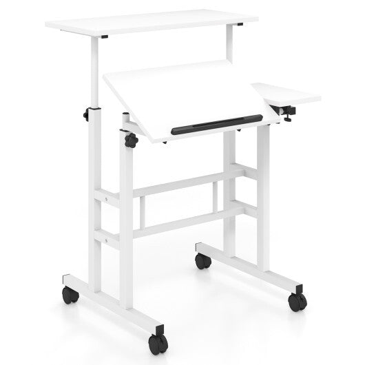Mobile Stand-up Computer Desk Adjustable with 2 Tilting Desktops-White - Color: White