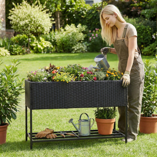 Wicker Raised Garden Bed with Storage Shelf and Drainage Gaps for Flowers