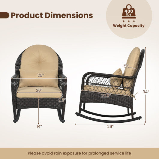 Outdoor Wicker Rocking Chair with Anti-Tip Stoppers 400 LBS for Porch Deck-Brown