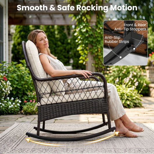 Outdoor Wicker Rocking Chair with Anti-Tip Stoppers 400 LBS for Porch Deck-Brown