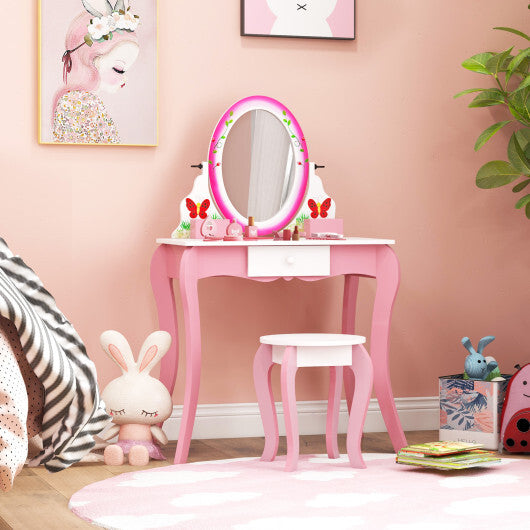Kids Vanity Table and Stool Set with 360 Rotating Mirror and Whiteboard-Pink