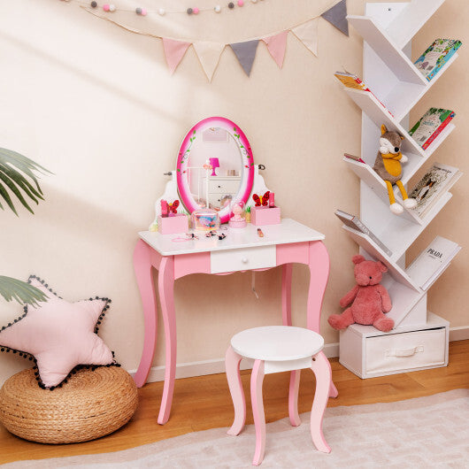 Kids Vanity Table and Stool Set with 360 Rotating Mirror and Whiteboard-Pink