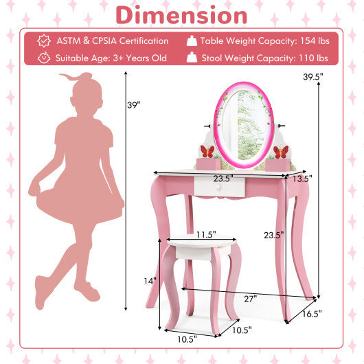 Kids Vanity Table and Stool Set with 360 Rotating Mirror and Whiteboard-Pink