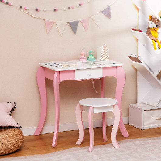 Kids Vanity Table and Stool Set with 360 Rotating Mirror and Whiteboard-Pink