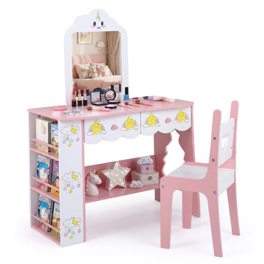 Kids Vanity Set Princess Girls Makeup Table with Mirror and Chair-White - Color: White