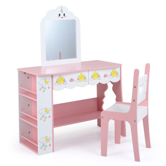 Kids Vanity Set Princess Girls Makeup Table with Mirror and Chair-White - Color: White