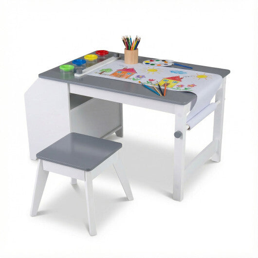 Kids Art Table and Stool Set Toddler Activity Desk with Paper Roll and 4 Paint Cups for Drawing Learning-Gray - Color: Gray