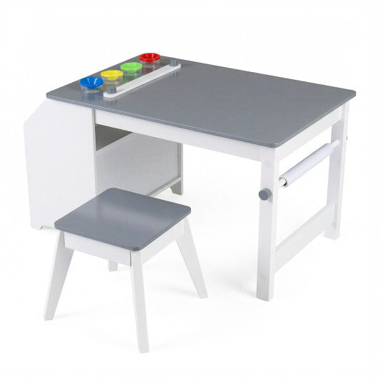 Kids Art Table and Stool Set Toddler Activity Desk with Paper Roll and 4 Paint Cups for Drawing Learning-Gray - Color: Gray