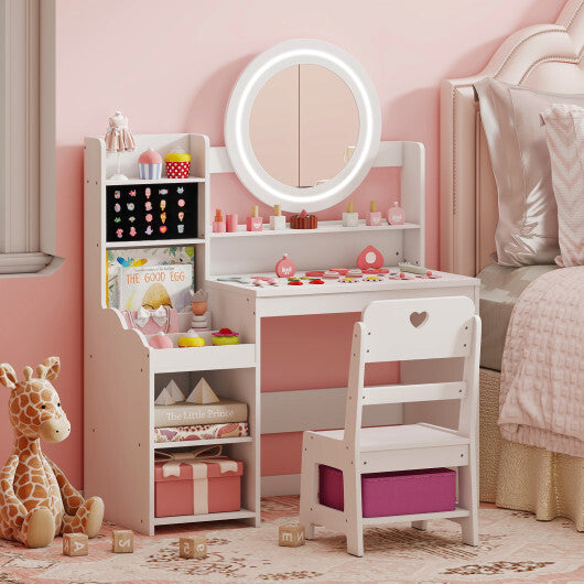 Kids Vanity Desk with Mirror and Lights Princess Pretend Play Dressing Table and Chair Set-White - Color: White