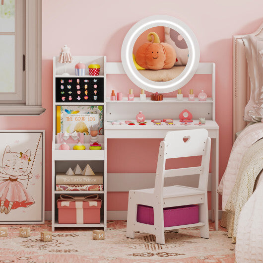 Kids Vanity Desk with Mirror and Lights Princess Pretend Play Dressing Table and Chair Set-White - Color: White