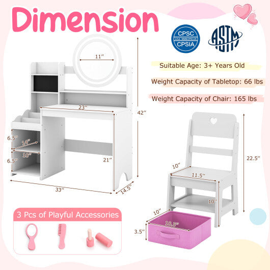Kids Vanity Desk with Mirror and Lights Princess Pretend Play Dressing Table and Chair Set-White - Color: White