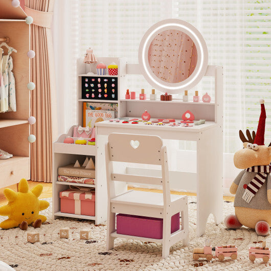 Kids Vanity Desk with Mirror and Lights Princess Pretend Play Dressing Table and Chair Set-White - Color: White
