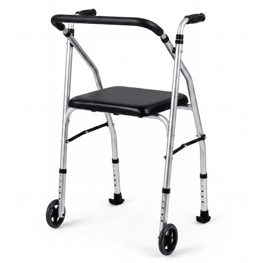 Lightweight Aluminum Mobility Walker for Seniors with 2 Wheels 5-Level Adjustable Height and Padded Seat-Sliver - Color: Silver