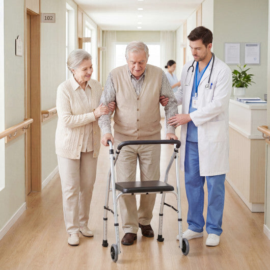 Lightweight Aluminum Mobility Walker for Seniors with 2 Wheels 5-Level Adjustable Height and Padded Seat-Sliver - Color: Silver