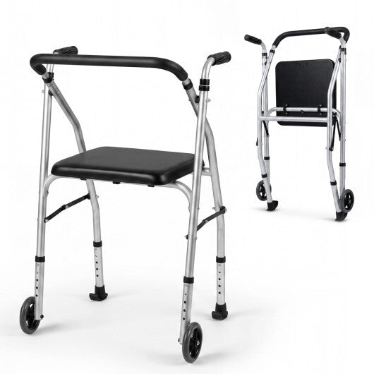 Lightweight Aluminum Mobility Walker for Seniors with 2 Wheels 5-Level Adjustable Height and Padded Seat-Sliver - Color: Silver