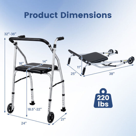 Lightweight Aluminum Mobility Walker for Seniors with 2 Wheels 5-Level Adjustable Height and Padded Seat-Sliver - Color: Silver