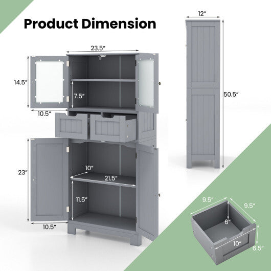 4 Door Freee-Standing Bathroom Cabinet with 2 Drawers and Glass Doors-Gray - Color: Gray