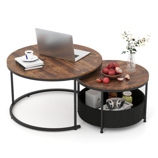 Round Coffee Table Set of 2 Circle Cocktail Table with Storage Basket - Color: Brown