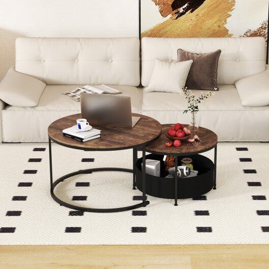 Round Coffee Table Set of 2 Circle Cocktail Table with Storage Basket - Color: Brown