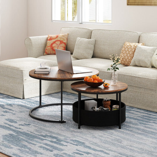 Round Coffee Table Set of 2 Circle Cocktail Table with Storage Basket - Color: Brown