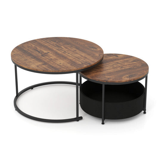 Round Coffee Table Set of 2 Circle Cocktail Table with Storage Basket - Color: Brown