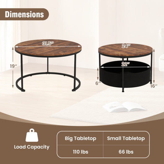 Round Coffee Table Set of 2 Circle Cocktail Table with Storage Basket - Color: Brown