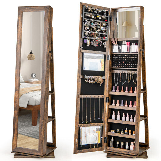 360? Swivel Jewelry Armoire Standing Jewelry Organizer with Full Length Mirror and Back Shelves-Rustic Brown - Color: Rustic Brown