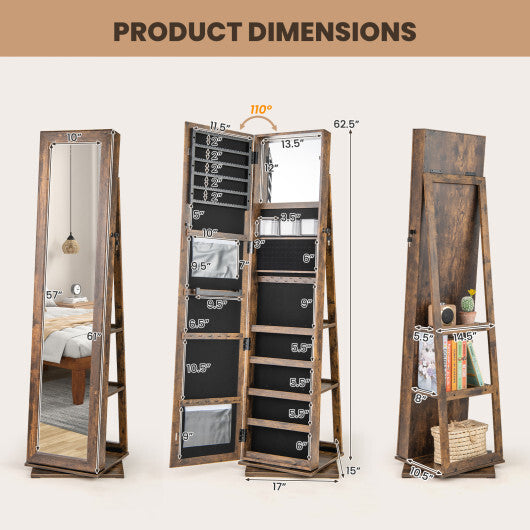 360? Swivel Jewelry Armoire Standing Jewelry Organizer with Full Length Mirror and Back Shelves-Rustic Brown - Color: Rustic Brown