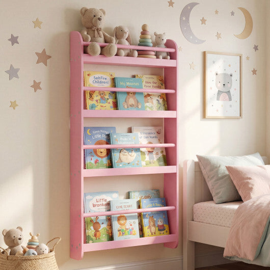 4-Tier Bookshelf Organizer for Toys and Books with Basswood Crossbar-Pink - Color: Pink
