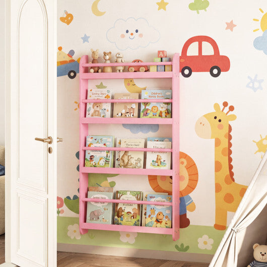 4-Tier Bookshelf Organizer for Toys and Books with Basswood Crossbar-Pink - Color: Pink