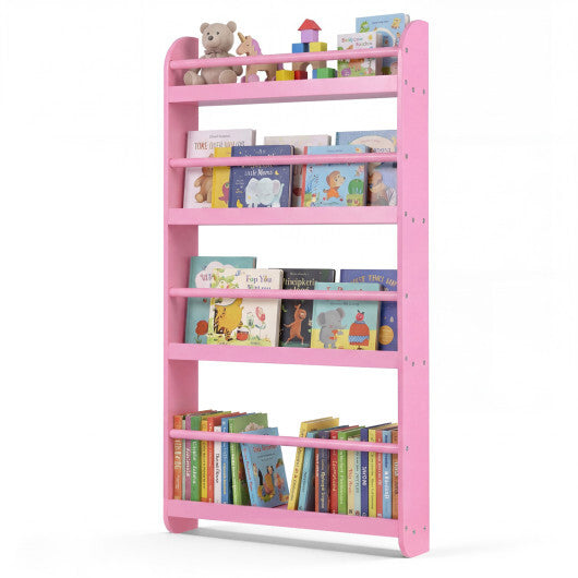 4-Tier Bookshelf Organizer for Toys and Books with Basswood Crossbar-Pink - Color: Pink