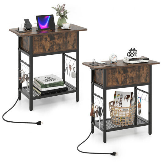Set of 2 End Table with Charging Station and Hidden Compartment-Rustic Brown - Color: Rustic Brown