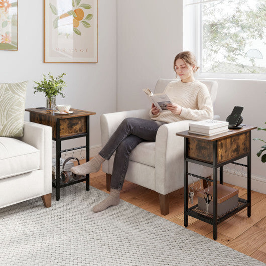 Set of 2 End Table with Charging Station and Hidden Compartment-Rustic Brown - Color: Rustic Brown