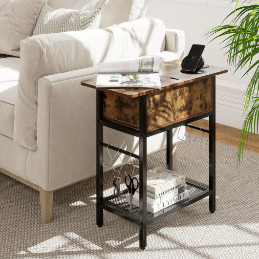 Set of 2 End Table with Charging Station and Hidden Compartment-Rustic Brown - Color: Rustic Brown