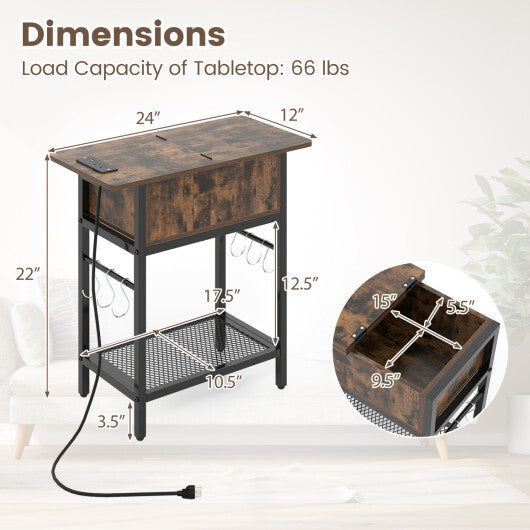 Set of 2 End Table with Charging Station and Hidden Compartment-Rustic Brown - Color: Rustic Brown