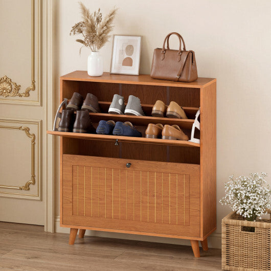 Narrow Shoe Cabinet with Adjustable and Removable Shelves for Entryway Foyer-Oak