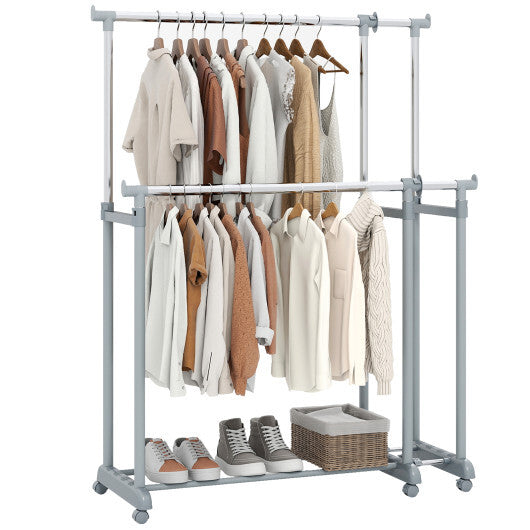 Double Rod Clothes Rack Heavy-Duty Metal Garment Rack - Color: Silver