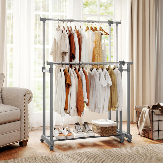 Double Rod Clothes Rack Heavy-Duty Metal Garment Rack - Color: Silver