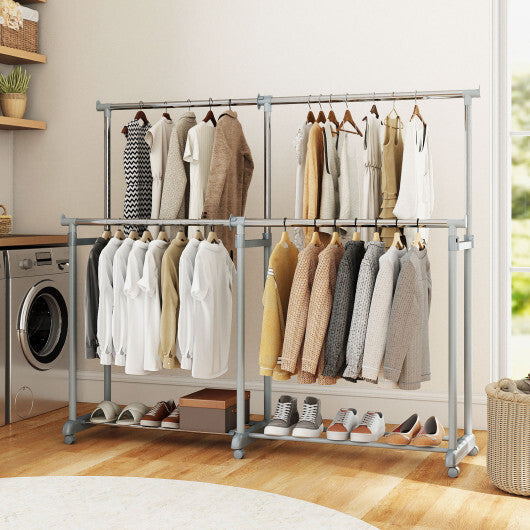 Double Rod Clothes Rack Heavy-Duty Metal Garment Rack - Color: Silver