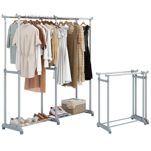 Double Rod Clothes Rack Heavy-Duty Metal Garment Rack - Color: Silver