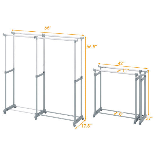 Double Rod Clothes Rack Heavy-Duty Metal Garment Rack - Color: Silver