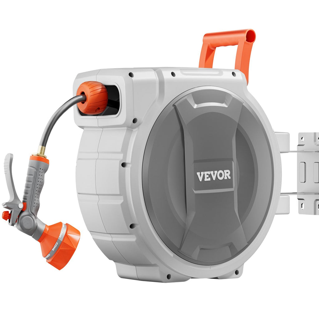 Retractable Garden Hose Reel, 5/8 Inch x 100 ft Wall Mounted Hose Reel, Heavy Duty Garden Hose Reel with 9 Patterns Nozzle, Any Length Lock, Upgraded Slow Return System and 180?Swivel Bracket